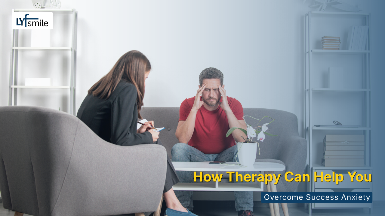 Therapy session helping a high-performing professional overcome success anxiety and performance stress