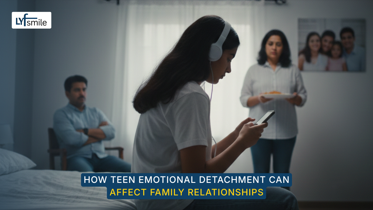 Teenager emotionally withdrawn from family during dinner showing communication gap and detachment