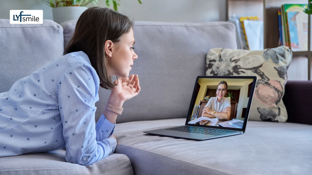 Psychologist conducting virtual mental health counseling session for teenager discussing anxiety and stress