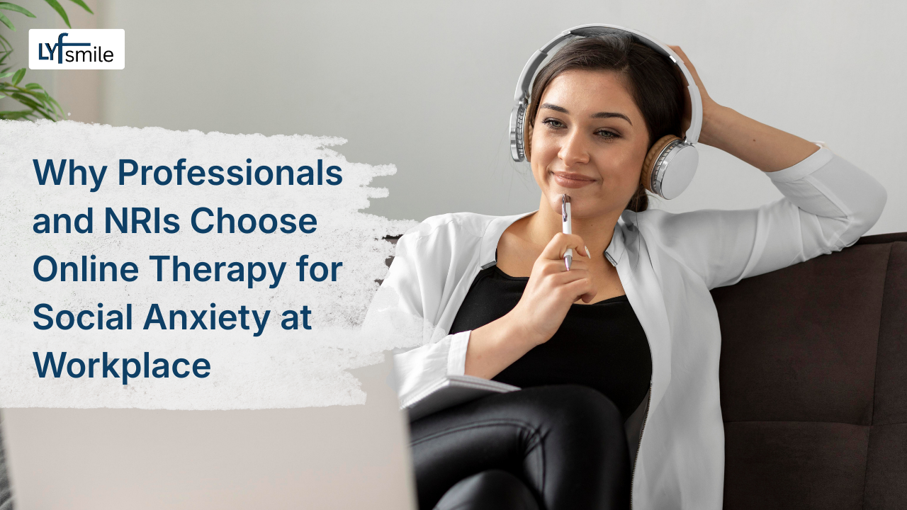 NRI professional attending online therapy for social anxiety at workplace