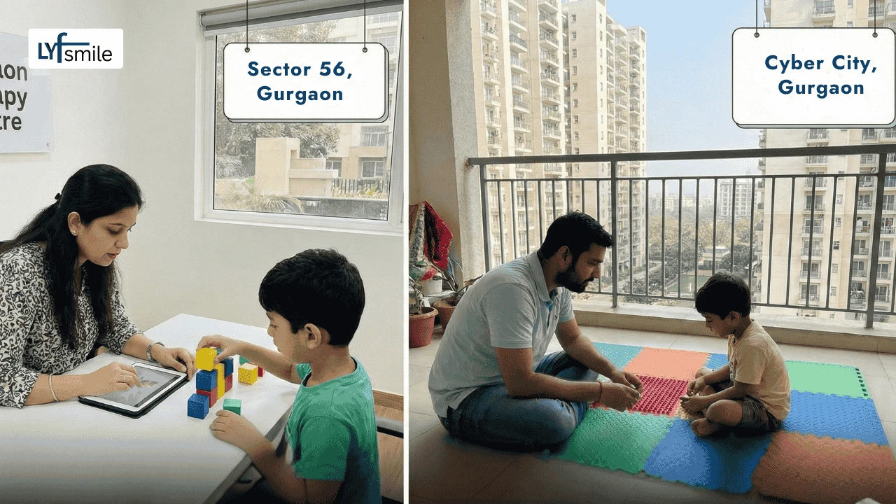 Autism therapy services in Gurgaon locations including Golf Course Road, Palam Vihar, Sushant Lok, and Huda City Centre.