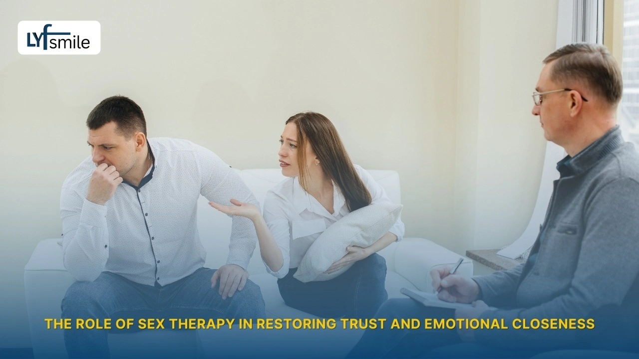 Married couple in counseling working on rebuilding trust after intimacy issues