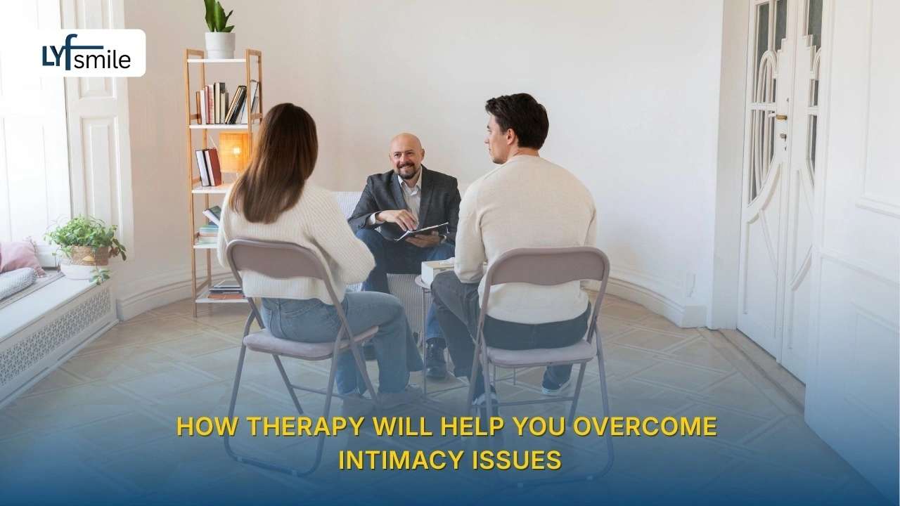 **Couple reconnecting emotionally during therapy to overcome intimacy issues**