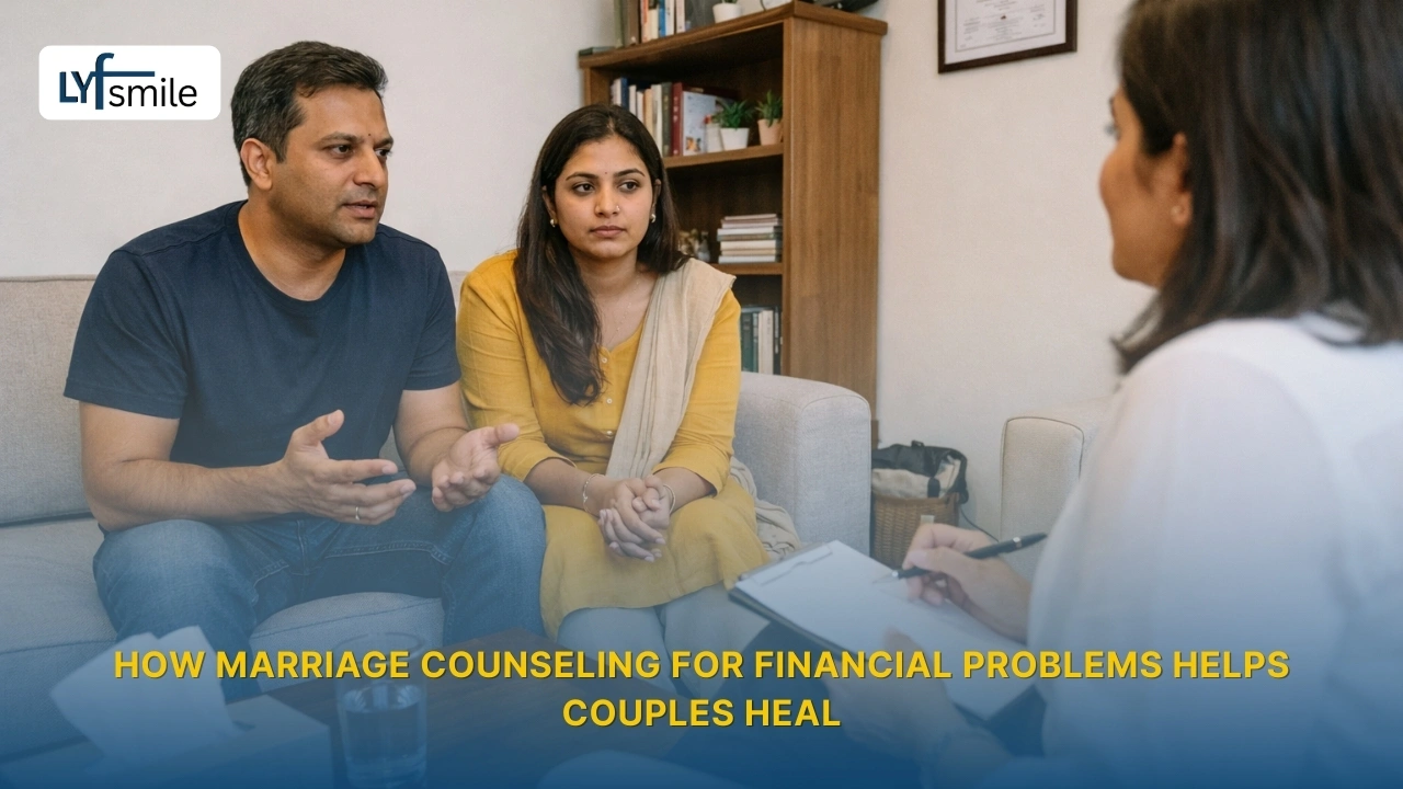 Couple discussing financial concerns during marriage counseling session