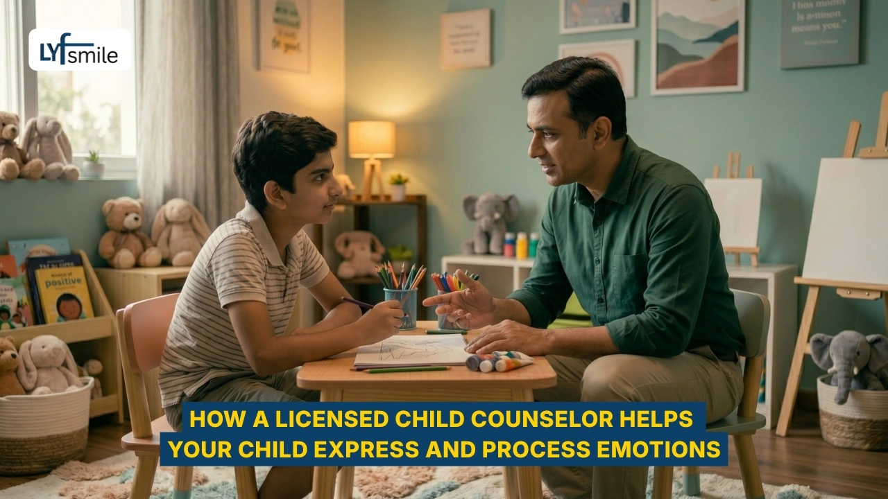 Child counselor helping child express emotions safely