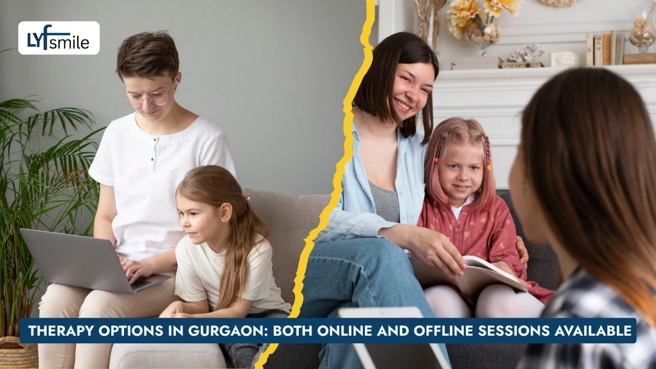 Therapist talking to a parent and child during an online or Offline session.