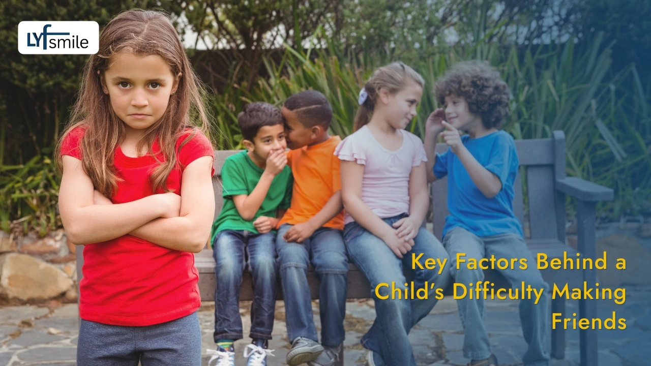 Shy child standing near a group of kids.